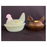 (2) Glass Hen On Nests