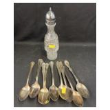 Caster Bottle, Nickel Silver and 10 Plated Spoons