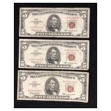 (3) 1963 $5 Red Seal Bills
