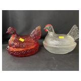 (2) Glass Hen On Nests