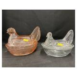 (2) Glass Hen On Nests