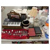 Plated Flatware, Electric Organ, Bibles, Crock