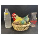 Milk Bottle and Porcelain Hen On Nest