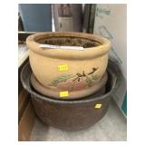 (2) Stoneware Planters with Metal Planter