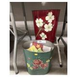 (2) Metal Waste Cans, Foot Stool, Garden Flags