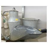 Gray Agate Pitcher, Scoop and Kettle