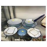 Blue Agateware Pans and Bowls