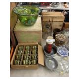 Carnival Glass Punch Bowl & Mugs, Damaged Crocks