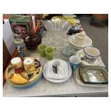Punch Bowl. Stand and Cups, Pyrex Casseroles, etc.