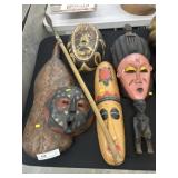 Tribal Carved Wood Masks with Figurine and Spear