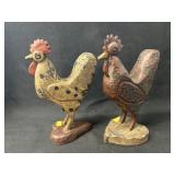 (2) Contemporary Folk Art Wood Carved Chickens