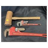 (2) Pipe Wrenches & Wooden Mallet
