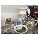 Teapots w/ Porcelain Cottages & Plates