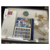 Riker Mount w/ Stamps & Costume Jewelry