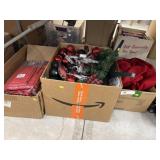 3 Boxes of Tablecloths & Christmas Decor