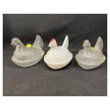 3 Art Glass Hens on Nest