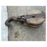 Wooden Primitive Pulley w/ Iron Hook