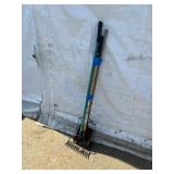 4 Garden Tools: Stone Rake, Scraper, Shovel, &