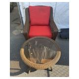 Wicker Arm CHair w/ Cushions & Side Table