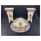 Oriental Butter Dish & Vases