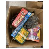 Box of Games & Baseball Gloves