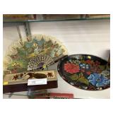 Spanish Style Folding Fan w/ Wood Box & Plate