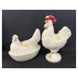 Milk Glass Rooster & Hen On Nest