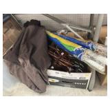 Box of Wooden Hangers, Canvas Suitcase, Umbrellas