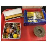 Marbles Early Brass Weights, Harmonica, etc.