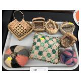Vintage Pin Cushion & Modern Miniature Baskets