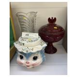 Cookie Jar, Art Glass Compote & Vase