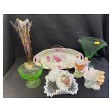 Art Glass Vase, Green Depression Glass, & China