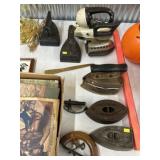 Collection of Vintage Irons, Desk Lamp, Ephemera