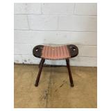 Carved Wood Stool with Striped Fabric Seat