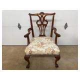 Carved Wood Armchair with Floral Upholstery
