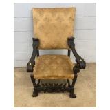 Ornate Carved Wood Armchair with Damask Uphol