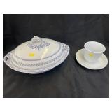 Transferware Tureen w/ Ironstone Cup & Saucer