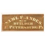 Rare East Petersburg, PA Builder Brass Stencil