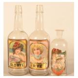 3 Antique Label Under Glass Whiskey Saloon Bottles