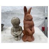 Concrete Child and Terracotta Rabbit Statues