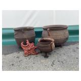 3 Cast Iron Cauldrons and Trivet