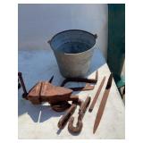 Metal Bucket and Assorted Iron Tools