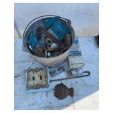 Lot: Metal Bucket, Hardware, Amprobe