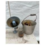 Rusted Nails, Metal Bucket, and Lamp