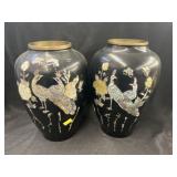 (2) Black Lacquered Inlaid Vases
