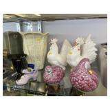 Art Pottery w/ Porcelain Chicken Figurines