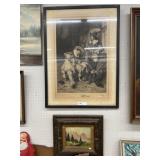 Framed Engraving w/ Oil on Canvas