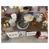 Stemware, Sewing Basket, & Assorted Serving