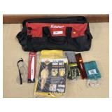 Tool Bag, Rainsuit, Saw Blades, & Gloves