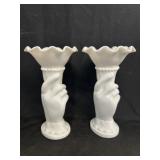 (2) Vintage Milk Glass Hand Vases